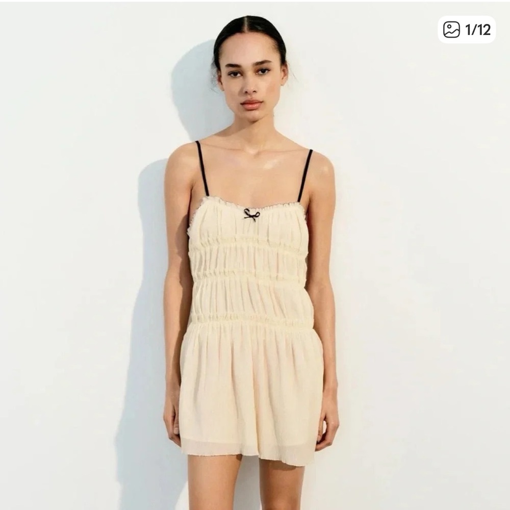 ZARA LITTLE BOW textured Sleeveless cream&black MINI dress COQUETTE NWT Size XS